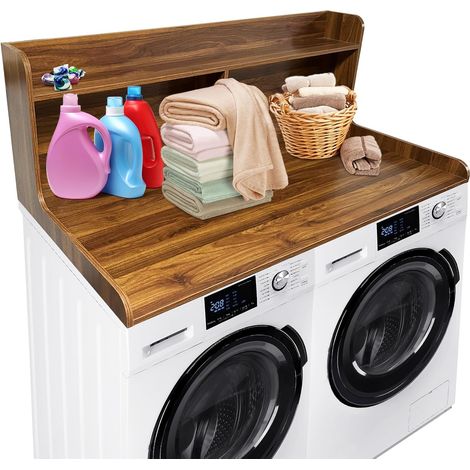 Dessus 2 niveaux en bois pour lave-linge et sèche-linge 137,16 × 69,98 cm, patins antidérapants, rangement buanderie (1/5)
