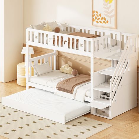 Kinder-Etagenbett 90 x 200 cm mit Ausziehbett 90 x 190 cm, Treppe mit Stauraum, Weiß HAVRYA (1/5)