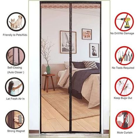 Moustiquaire Porte Magnetique,La Moustiquaire Aimantée À Mailles Fines,Rideau Anti-Mouches et Anti-Insectes,Avec Fermoir de Rangement,Se Fermant Automatiquement(Café 160x220cm)