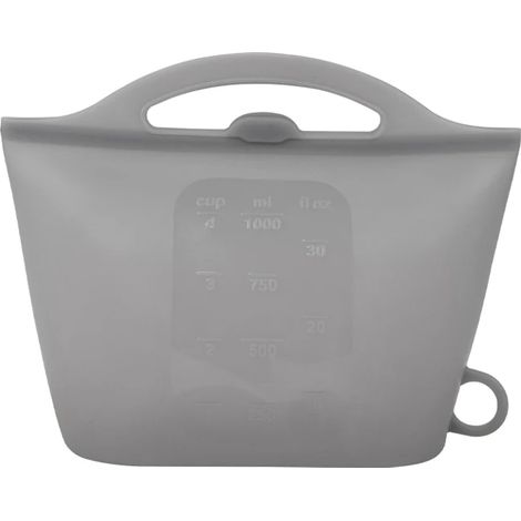 Sac de conservation réutilisable en silicone gris (1000 ml) avec graduation, fermeture hermétique, sac de réfrigération portable de qualité alimentaire, sac de rangement pour réfrigérateur de cuisine (1/5)