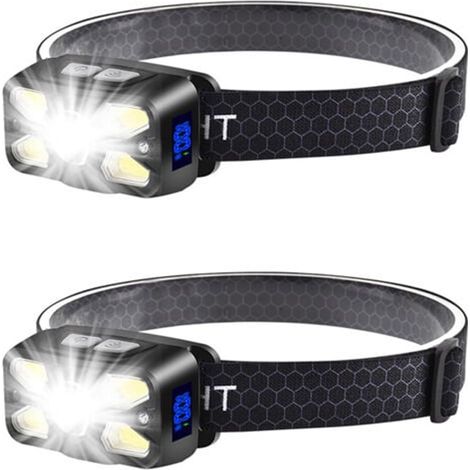 Lot de 2 Lampe Frontale Led Ultra Puissante 2500LM, Lampe Frontale Rechargeable USB C avec Affichage de la Puissance, 7 Modes d'Eclairage, Angle Réglable à 45°, Mode de Détection, IPX5 Étanche, Campin (1/5)