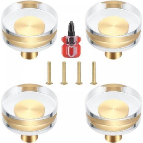 Set of 4 Transparent Crystal and Brass Door Knobs for Cabinets, Drawers, Cupboards and Furniture - 30x27 mm (1/4)