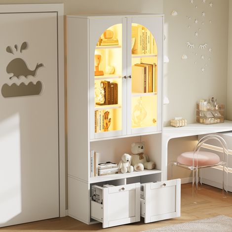 Vitrine LED 80x35x180 cm, portes vitrées cintrées, éclairage connecté par application, niches ouvertes et rangements fermés, MDF et verre - Blanc (1/5)