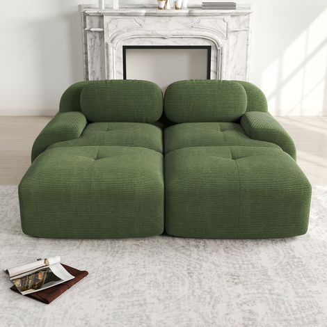Modulares Ecksofa aus Cordstoff in Grün, rahmenlos, montagefrei, mit ergonomischen Armlehnen
