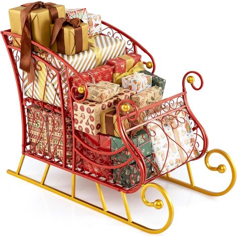 COSTWAY Slitta di Babbo Natale, Slitta di Babbo Natale in Metallo con Portadoni a 2 Livelli, Decorazione Natalizia con Stelle Dorate, per Casa, Negozio e Ufficio (Modello 3)