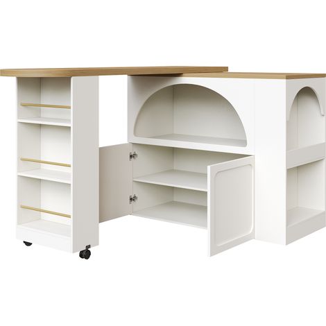 ELVMI Tavolo Bar Estensibile con Vano Contenitore, LED e Ruote per Cucina, in MDF, 135-205 x 39 x 100 cm, Bianco (1/5)