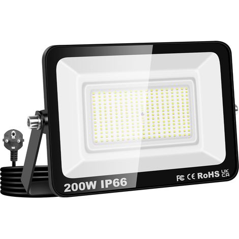 200W Projecteur Exterieur led, 20000LM Spot LED Extérieur avec Prise, 6000K Blanc Froid Eclairage Exterieur IP66 Imperméable lumière de Sécurité pour Jardin, Patio, Cour, Garage, Entrée