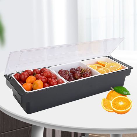3 Fach Obst Box mit Deckel Gewürz Spender Obstschachtel Beilagenbehälter Zutatenbehälter 3 Gitter &Deckel (Farbe: Schwarz und Weiß)