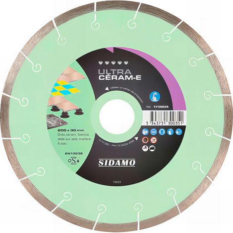 Sidamo – Disque diamant 200mm pour meuleuse – Tronçonnage à eau – Grès céram, marbre, faïence – Alésage 30mm – Vitesse 100m/s