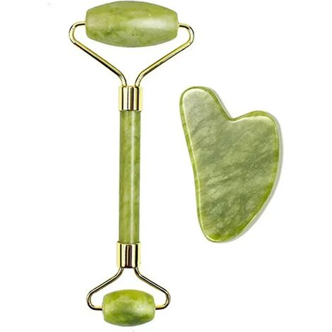 (Ensemble A) Kit de massage en jade naturel, rouleau Gua Sha, rouleau de massage pour le corps et le visage (type SPA) (1/5)