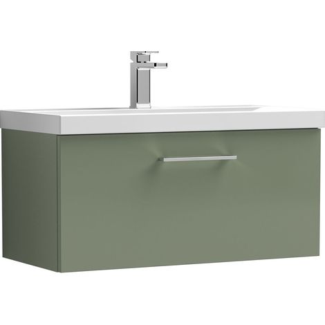 Wall Hung 1 Drawer Vanity Unit with Mid-Edge Ceramic Basin, 800mm - Satin Green (1/4)