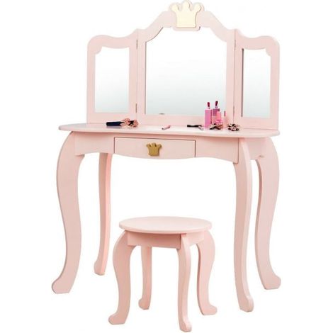 Kids Vanity Table Set With Stool, Tri-Fold Mirror, Drawer (1/5)
