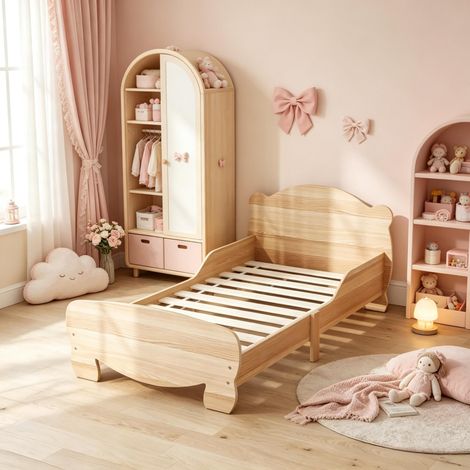 Lit enfant 70x140 cm en MDF naturel, barrières fixes pour chambre d'enfant, sans matelas – MEUBLIV (1/5)