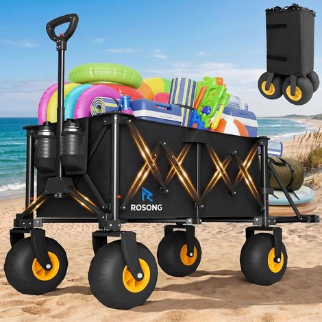 Foldable Beach Trolley with Big Wheels All-Terrain Transport Trolley with Tailgate for Long Objects Trailer Garden and Beach Camping Garden Black (1/5)