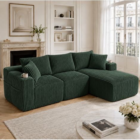 Sofá modular de esquina en pana verde, con chaise longue, 2 plazas, 5 cojines y portavasos (1/5)