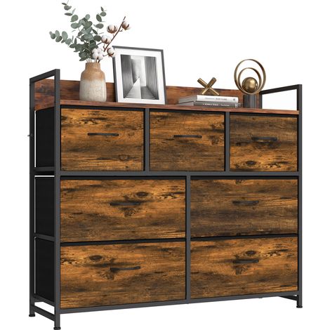 HOMCOM 7 Drawer Chest of Drawers with Top Shelf and Steel Frame Rustic Brown (1/5)