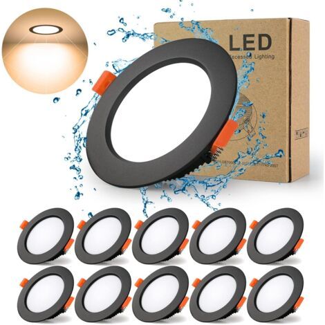 royaluxe-Spot Led Encastrable Noir Extra Plat, 10 Pack 7W 700LM = 70W incandescence, IP44, 3000K Blanc Chaud, AC 220-240V,Découpe 70-85mm,Rond ultraslim plafond encastré Pour salle de bain,Cuisine,Sal (1/5)