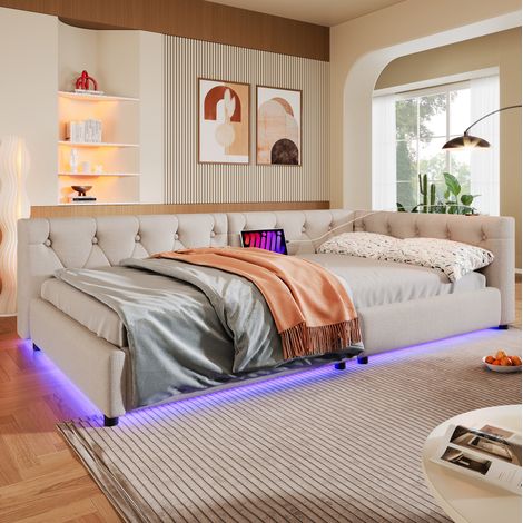 Tagesbett 90/200 cm beige aus Leinen und MDF mit LED-Beleuchtung und USB-Typ-C-Anschlüssen (1/5)