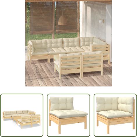Terrassensofa - 8-tlg. Garten-Lounge-Set mit Creme Kissen Massivholz Kiefer (1/5)
