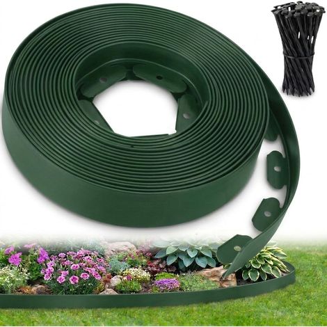 Bande de bordure de jardin extérieure flexible de 10 mètres, bande de bordure de jardin en plastique durable de 15 cm de haut pour pelouses et allées, avec 30 piquets de sol (Vert, 10 mètres).