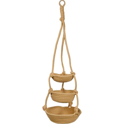 Vaso Pensile Triplo in Corda Beige Porta Piante Sospeso h70 cm