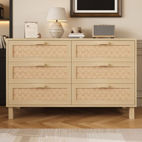 Buffet 120x40x75cm - avec 6 tiroirs - aspect rotin - panneaux de particules - naturel (1/5)