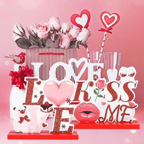 Decoración de mesa para el Día de San Valentín: adornos de madera brillantes. Juego de 3 con los motivos "LOVE", "XOXO" y "KISS ME". 18 cm. Ideales para cumpleaños, bodas y fiestas románticas. (1/5)