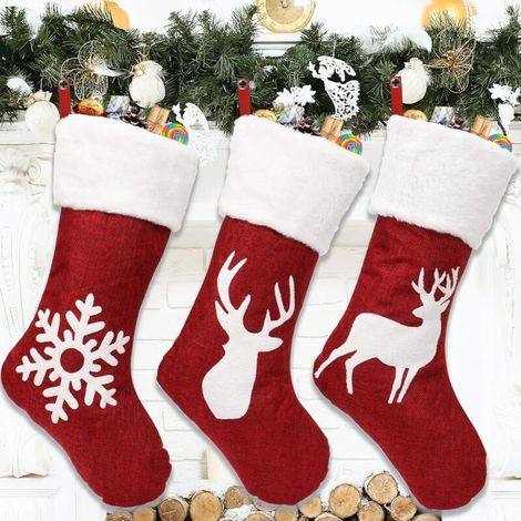 3-teiliges Set hängender Weihnachtsstrümpfe, großer Weihnachtsstrumpf, Baumschmuck, Kamindekoration, Weihnachtsmann, Rentier, Schneemann, Weihnachtsstrumpf für Süßigkeiten, Kekse, Geschenktüten (1/4)