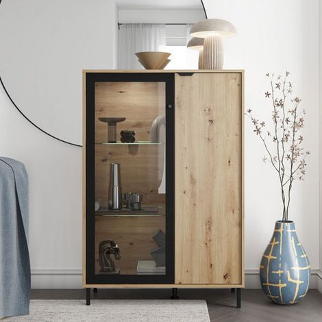 Vitrina Elva, Mueble Expositor 5 Estantes, Puerta Abatible, 2 Puertas, 93x40x137.5h cm Roble Marrón Nudos
