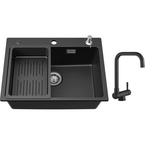 Cecipa Lavello 1 Vasca 60x45 cm con Cestello di Scarico e Dispenser per Sapone + rubinetto da cucina pieghevole Miscelatore pieghevole sotto finestra Nero
