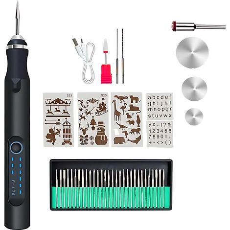 Stylo à graver pour bricoleurs, outil de gravure sans fil rechargeable, kit de stylo à graver rechargeable USB avec 30 têtes de rechange, stylo à graver électrique à 3 vitesses pour métal et bois (noi (1/5)