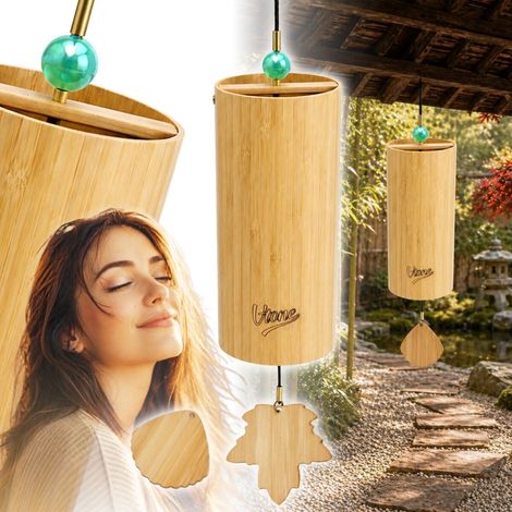 Carillon a vento V-TONE ZEN FOREST, decorazione sonora in tonalità di Sol, legno di bambù, perline verdi, 2 pendenti, foglia, conchiglia, 40,5 cm (1/5)