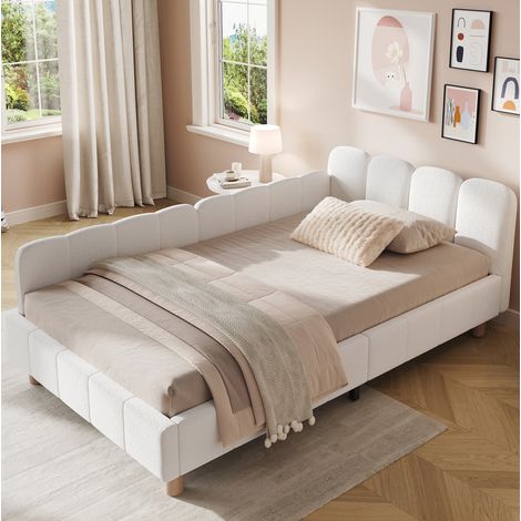 Lit enfant 90x200 cm - Avec tête de lit et barrière de sécurité - Avec sommier à lattes - En bouclette - Beige (1/5)