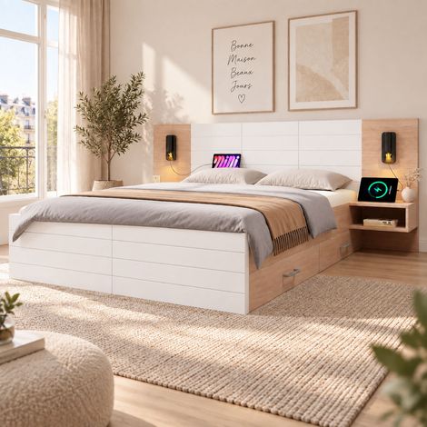 Lit Double 160x200 cm avec 2 Chevets, 2 Tiroirs, Liseuse 360° et USB, Sommier à Lattes, Bois Massif et MDF, Blanc et Chêne (1/5)