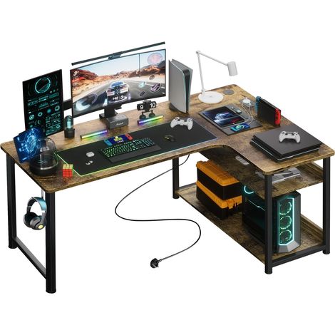 Bureau Gaming en L d'angle avec étagères, ports USB et prise intégrés, 120x80x74 cm - pour jouer et travailler, Marron (1/5)