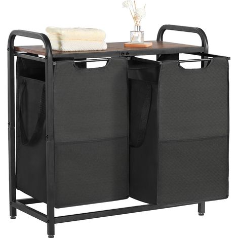 Panier à Linge 2 Compartiments, Trieur de Linge avec Sacs Coulissants en Tissu Oxford 600D, Cadre en Métal et Plateau en Bois, pour Vêtements Sales, Buanderie Blanchisserie Chambre Salle de Bain (1/5)