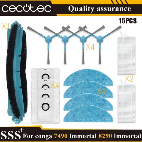 (15 pièces) Pièces détachées pour aspirateur Cecotec Conga 7490 Immortal/8290 Immortal : rouleau principal, brosse latérale, filtre HEPA, lingette de nettoyage, sac à poussière et accessoires. (1/4)