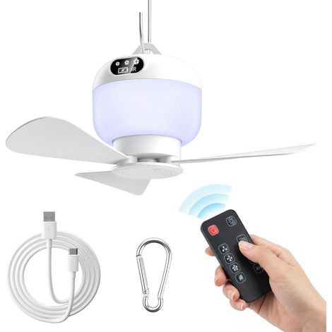 Ventilatore da campeggio con lampada e telecomando - Ventilatore da tenda ricaricabile senza fili - 4 velocità - 3 modalità di illuminazione - Timer - Tenda - Veranda - Spiaggia - Auto (1/5)