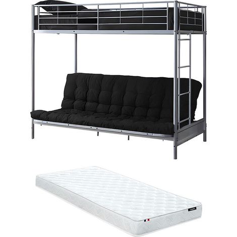 Letto a soppalco con divano letto 90 x 190 cm Metallo Argento + Futon + Materasso - MODULO V