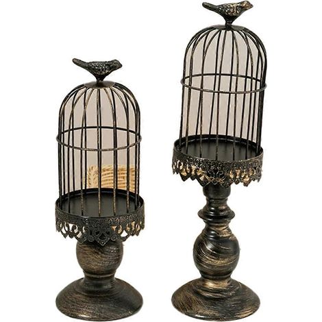 Lot de 2 bougeoirs rétro en forme de cage à oiseaux, en métal et fer forgé, noirs. (1/5)