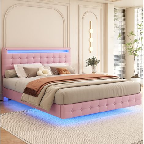 Letto flottante 140x200 cm in PU rosa con LED, testiera regolabile a 3 altezze (1/5)