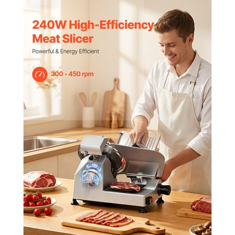 Trancheuse Électrique 240 W, Trancheuse à Jambon avec Épaisseur de Coupe Réglable 0-12 mm, pour Saucisson Pain Fromage Viande Charcuterie, Lame en Acier au Carbone 250 mm et Affûteur Intégré (1/5)