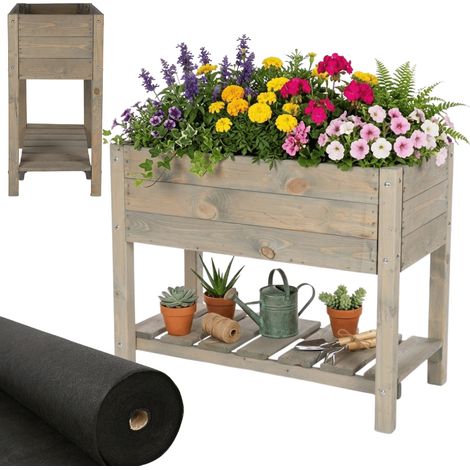 MODO24 Jardinière sur pieds en bois OBM avec étagère, bac à herbes jardin/balcon/terrasse, 78x78x40 cm, gris (1/5)