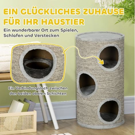 Griffoir pour chat à 3 niveaux en bois avec surface à griffer en sisal, 38 x 38 x 70 cm, gris clair (1/5)