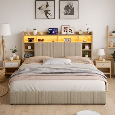Lit double 160x200 cm avec sommier, Lit capitonné avec LED et USB, 4 tiroirs, Tête de lit avec rangement, 2 Personnes, lin, beige