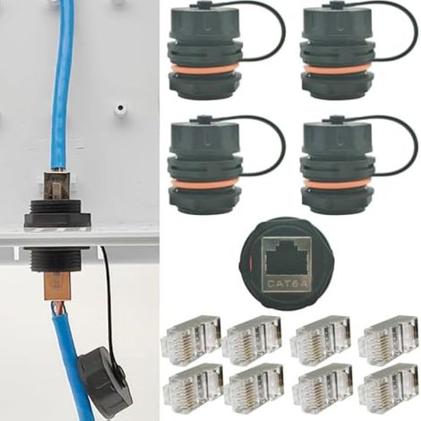 Coupleur RJ45 Imperméable, 4 pcs CAT6A/6/5E/5 Connecteur câble Ethernet + Têtes de cristal 8pcs avec connecteur câble à panneau de panneau industriel blindé, avec bouchon imperméable/Dust (1/5)
