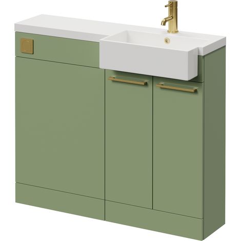 Napoli 250 Olive Green 1000mm 2 Door Vanity Unit Toilet Suite with Right Hand Square Rico Semi Recessed Basin - 1000mm - Brushed Brass 160mm HandleWithout Kingston Toilet Pan