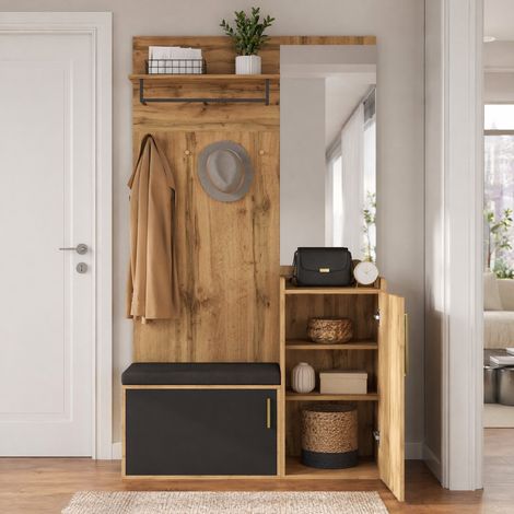 Kompakter Kleiderschrank mit Spiegel und Sitzbank, Flurschrank mit Schuhregal und Haken, kompakter Kleiderschrank, Flurmöbelset(Not a one-piece product, holes need to be drilled in the wall.) (1/5)