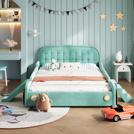 Lit voiture enfant avec toboggan et échelle, montage latéral réversible, literie moelleuse bleu sarcelle, lit cabane sécurisé anti-chute, pour chambre kids, 140x200 cm (1/5)