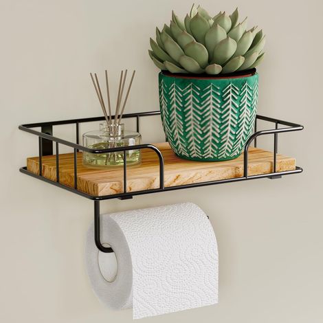 Porte-Rouleau de Toilette en Bois avec étagère, Porte-Papier Toilette avec Serviettes mouillées boîte Tissu monté au Mur Porte-Rouleau de Toilette Noir en Bois avec perçage (1/5)